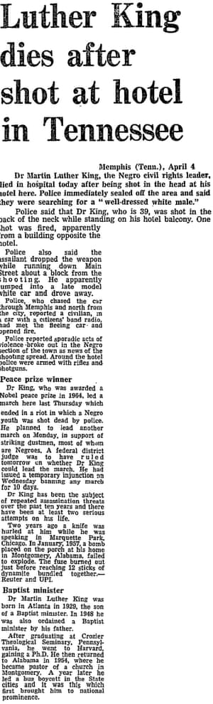 First report from the Guardian that Martin Luther King had been shot dead, 5 April 1968