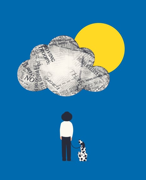 Illustration of a newspaper cloud with a yellow sun behind