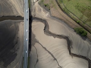 Aerial view of a dried-out reservoir