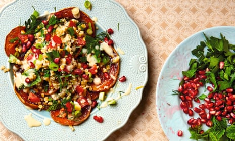 Thomasina Miers’ squash carpaccio with freekeh salad and tahini dressing: ‘A stunner of a salad.’