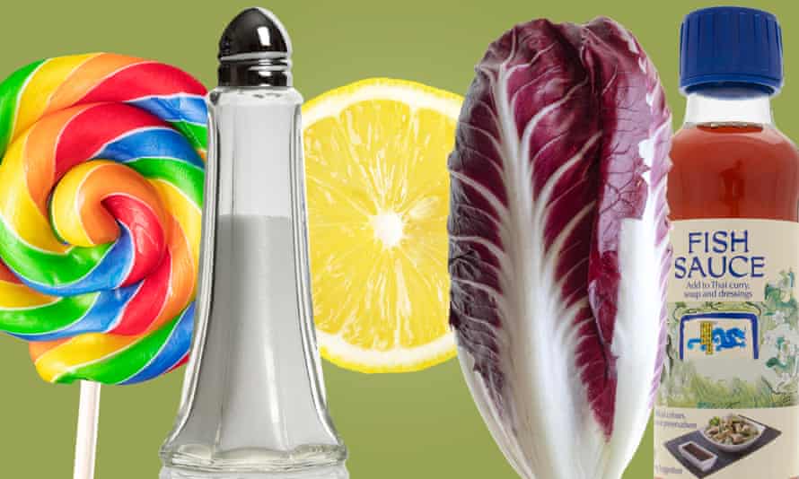 A lollypop (sweet); a salt shaker (salty); a lemon (sour); a radicchio (bitter) and a bottle of fish sauce (umami), for the five tastes humans experience