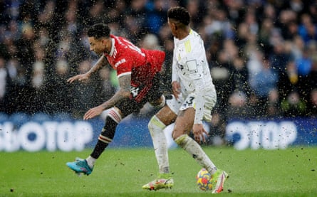 Manchester United’s Jesse Lingard is challenged by Junior Firpo as Leeds lose 4-2 at Elland Road.
