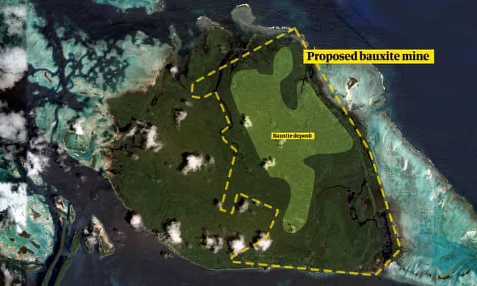The island from the air, with a line showing the proposed mining zone