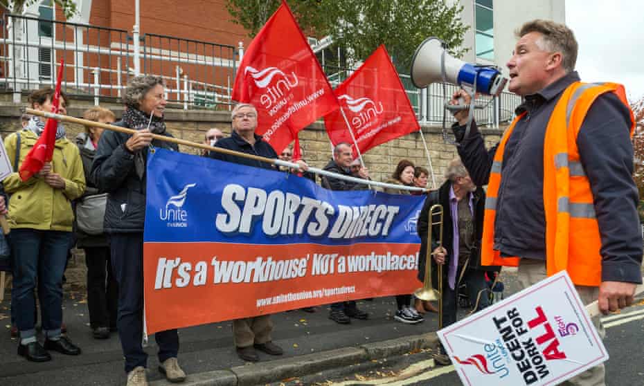 Unite union members protest against zero-hours contracts at Sports Direct’s HQ in Shirebrook.