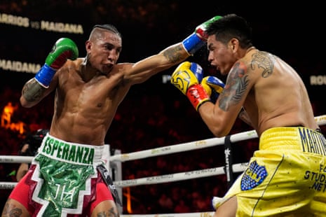 Mario Barrios lands a left hand on Fabian Andres Maidana during Saturday’s fight.