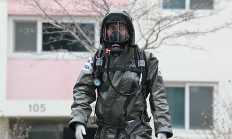 A South Korean soldier from the Armed Force CBR Defense Command wearing protective gear in Daegu, South Korea