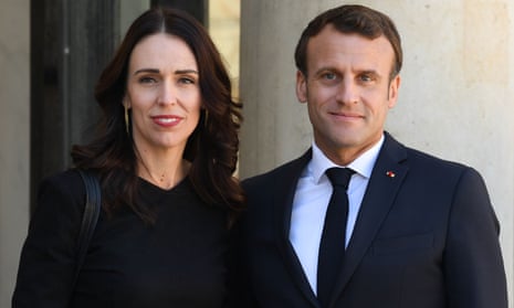 New Zealand prime minister Jacinda Ardern (L) is welcomed by French president Emmanuel Macron at the Elysee Palace in Paris. 