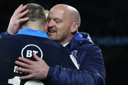 Scotland head coach Gregor Townsend (right) congratulates Scotland’s fly-half Finn Russell