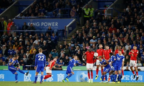 Leicester City’s James Maddison scores their third goal from a free-kick.