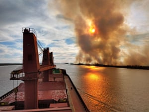 Fires in the Paraná Delta seen from a cargo ship on the river