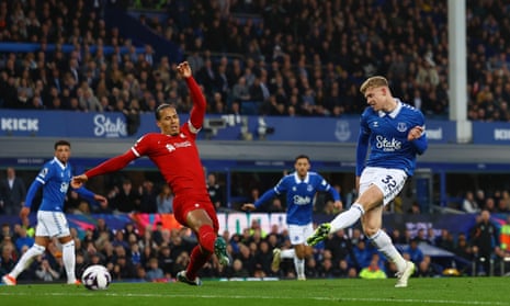 Everton’s Jarrad Branthwaite scores their side’s first goal of the game during the Premier League match against Liverpool.