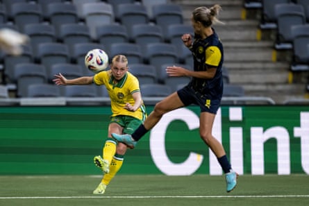 Emilie Joramo puts in a cross during Hammarby’s Women’s Champions League qualifier against Metalist 1925 in August 2025.