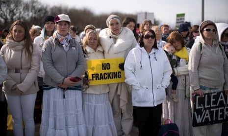 A protest at the Preston New Road drill site last month is supported by the actress Emma Thompson (centre, in hat). 