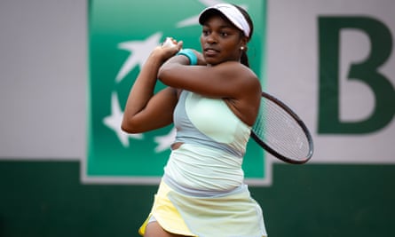 Sloane Stephens of the United States in action against Jule Niemeier of Germany in her first round match on day 1 at Roland Garros on 22 May, 2022 in Paris, France.