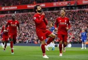 Salah celebrates scoring Liverpool’s second.
