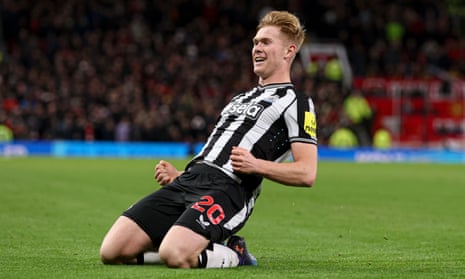Lewis Hall of Newcastle United celebrates after scores a goal to make it 2-0 at Manchester United.