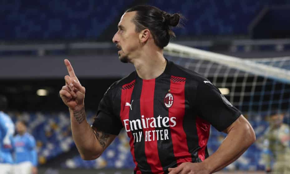 Zlatan Ibrahimovic celebrates scoring for Milan against Napoli