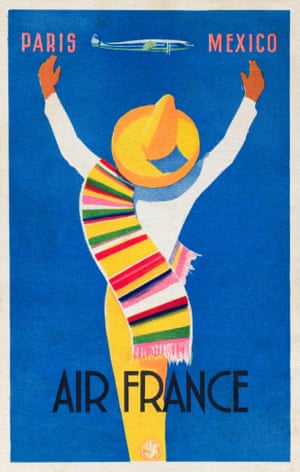 Paris – Mexico, Air France c1954, France. Réseau A postcard reproduction from a poster featuring art by Edmond Maurus.