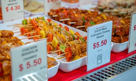Skewers of cultivated chicken on sale at a butchers shop