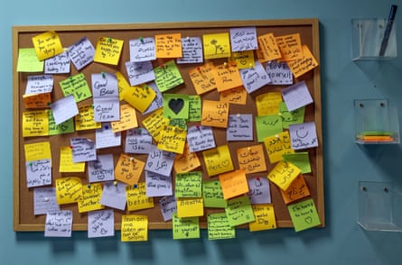 A pinboard with notes of comments and thanks to the Embrace team