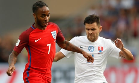 Raheem Sterling in action with Slovakia’s Michal Duris.