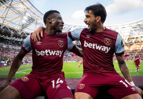 17 December 2023Mohammed Kudus of West Ham celebrates with Lucas Paquetá after scoring against Wolves at the London Stadium. West Ham won 3-0.