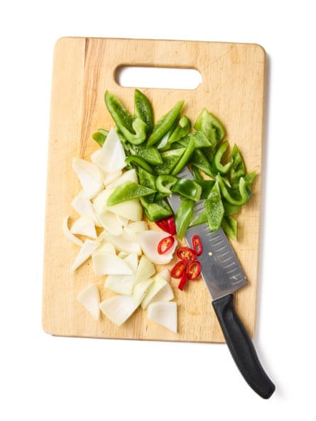 Cut the onion and pepper into chunky diamonds, separating the onion layers as you go. Slice the chilli into rings.