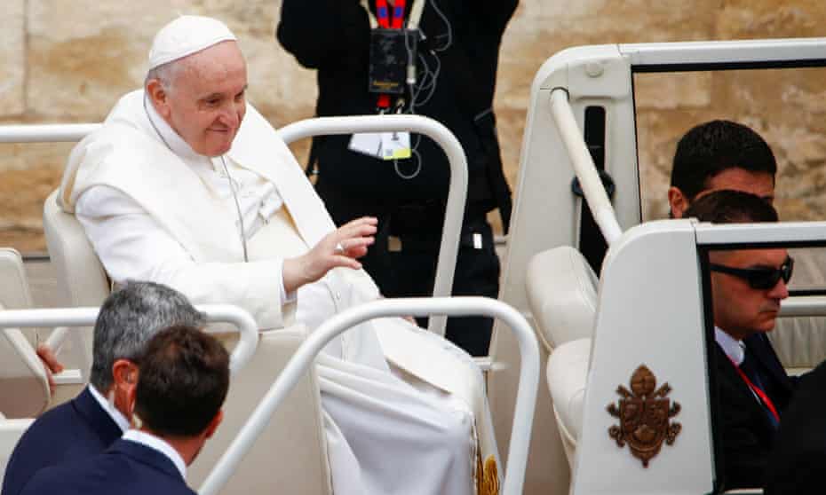 Pope Francis leaves after a meeting in Valletta, Malta