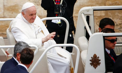 Pope Francis leaves after a meeting in Valletta, Malta