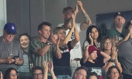 Wrexham’s co-owner Rob McElhenney (third left) watches the game against LA Galaxy II