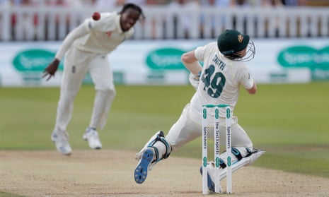 Steve Smith is struck on the neck by England fast bowler Jofra Archer in the second Ashes Test at Lord’s. 
