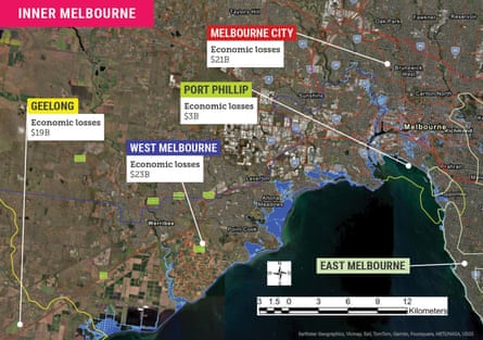 Map showing risk to coastal areas around inner Melbourne, and projected economic damage by 2100 Map showing risk to coastal areas around inner Melbourne, and projected economic damage by 2100