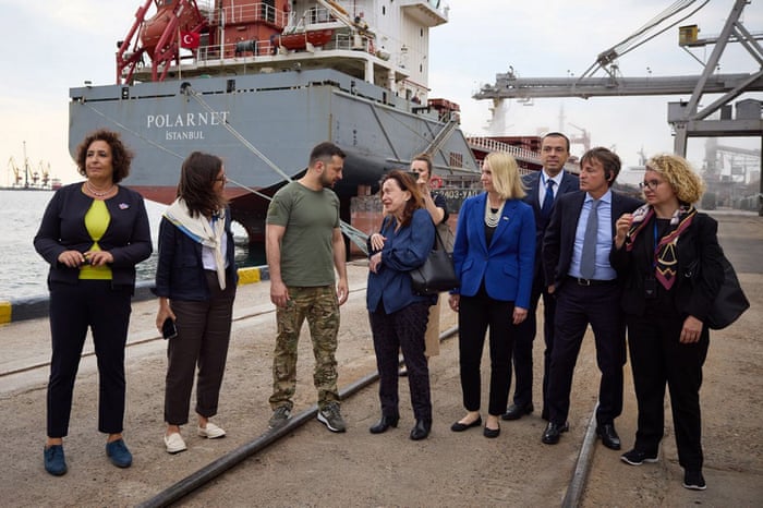 A handout photo made available by the Ukrainian presidential press service shows Ukrainian President Volodymyr Zelensky (3-L) and G7 countries’ ambassadors pose for a photo as they visit to the port of Odesa, Ukraine, on 29 July 2022.