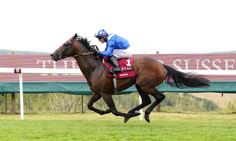 Baaeed ridden by jockey Jim Crowley wins the Qatar Sussex Stakes on day two of the 2022 Qatar Goodwood Festival
