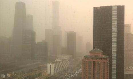 A view of the central business district of Beijing, China, during a dust storm and heavy pollution in March 2023.