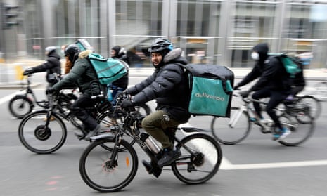 Deliveroo riders in London demonstrating for improved working conditions in April 2021.