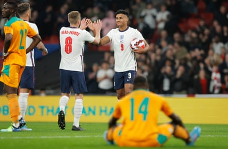 Watkins is congratulated by James Ward-Prowse after scoring against Ivory Coast last year