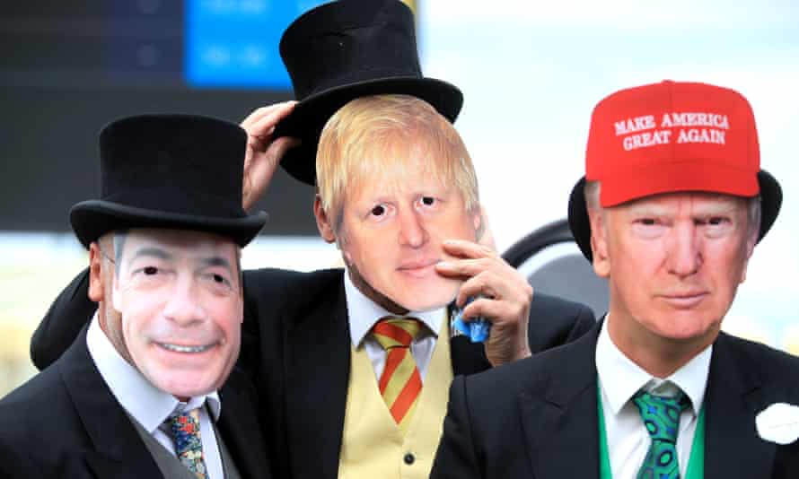 Ascot racegoers wearing masks of Nigel Farage, Boris Johnson and Donald Trump.
