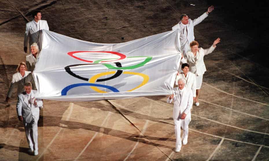 The Olympic flag enters the stadium during the opening ceremony of the Sydney Games on 15 September 2000