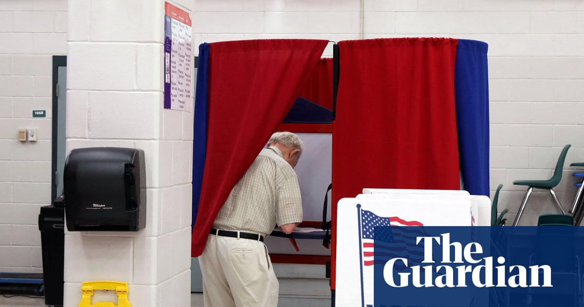 Artist’s rendering of American democracy: one side in blue vests handing out voter info, the other side checking if ICE can bring handcuffs to the polling place.