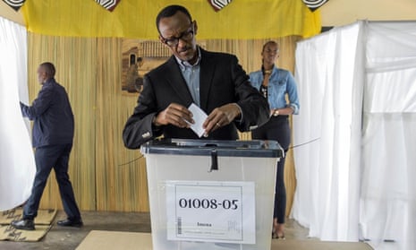 FILE - This is a Friday, Dec. 18, 2015 file photo of President of Rwanda, Paul Kagame as he casts his ballot, in Kigali. Rwandan President Paul Kagame declared Friday Jan. 1, 2016 that he will run for a third term in office after his second seven-year term expires in 2017, a move opposed by the U.S., a key ally. (AP Photo, File)