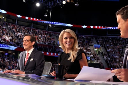 Megyn Kelly with fellow Fox News moderators Chris Wallace and Brett Baier at the Republican presidential debate in Cleveland, Ohio, on 6 August 2015.