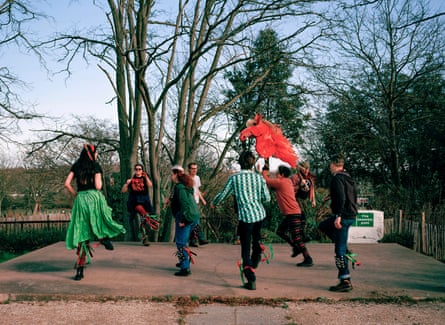 The ‘oss, or horse mascot belonging to Brixton Tatterjacks in action while dancers rehearse one winter’s morning to prepare for the summer season