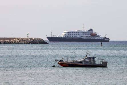 The MV Hondius anchored off the coast of Praia, on the island of Santiago, Cape Verde.