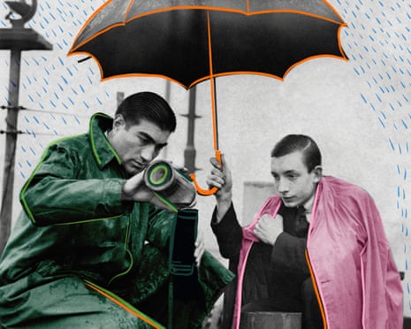 A man pours a coffee for a young man stuck in the rain.