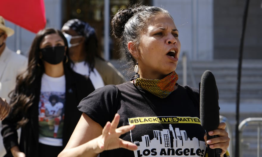 Melina Abdullah speaks during a Black Lives Matter protest at the Hall of Justice in Los Angeles, August 2020.