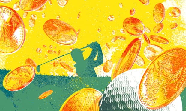 An illustration of a golfer with gold coins spinning through the air