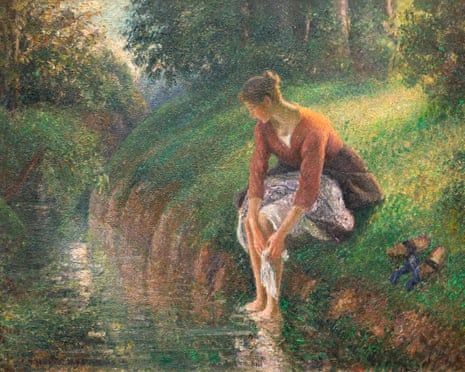 Painting of a woman sitting on the edge of a creek in an orange top and skirt, bathing her legs and feet.