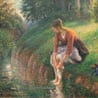 Painting of a woman sitting on the edge of a creek in an orange top and skirt, bathing her legs and feet.