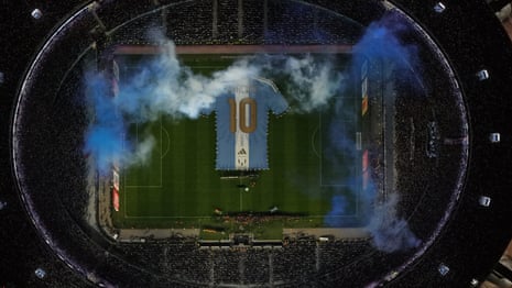Argentina Messi Farewell SoccerA giant t-shirt with Lionel Messi's number 10 is displayed before an international friendly soccer match against Benin, marking his farewell appearance for the national team, in Buenos Aires, Argentina, Tuesday, Oct.6, 2026. (AP Photo/Rodrigo Abd)